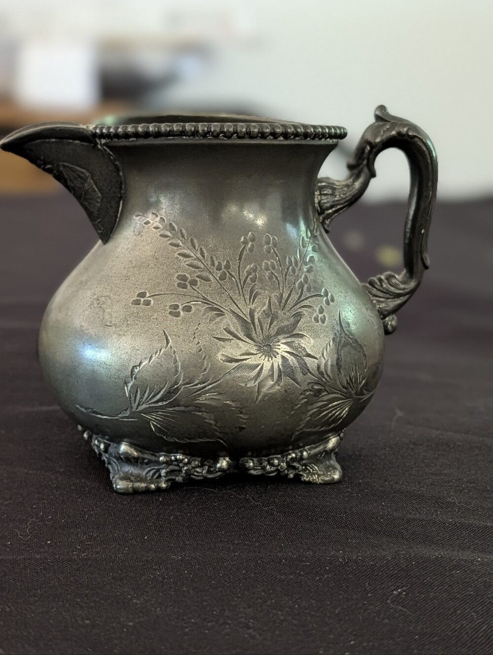 Antique Waldorf Silver Plate Quadruple Plate Creamer - Floral Etched Ornate 1220